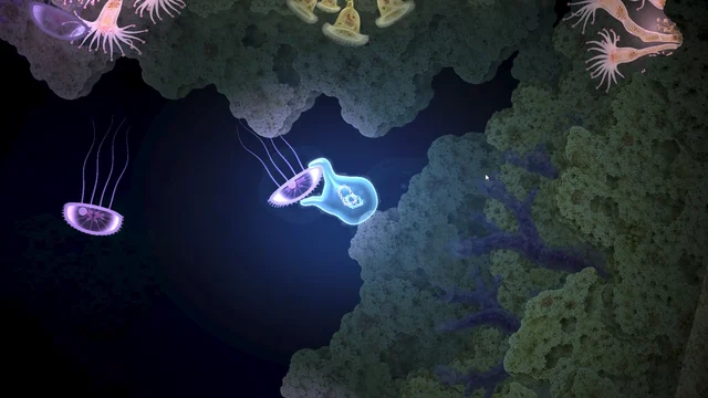 Cell seizing a glowing jelly in the dark cave